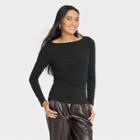 Women's Long Sleeve Slim Fit Boat Neck Ruched Front Top - A New Day Black