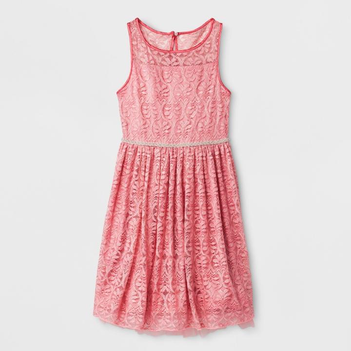 Lots Of Love By Speechless Girls' Lace Overlay Illusion Neckline Dress - Pink