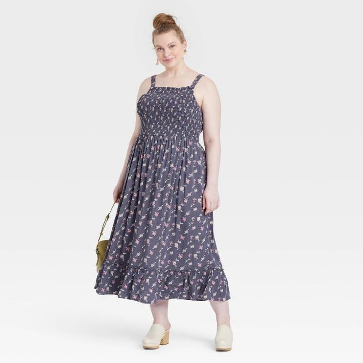 Women's Plus Size Sleeveless Smocked Strappy Dress - Universal Thread Gray Floral