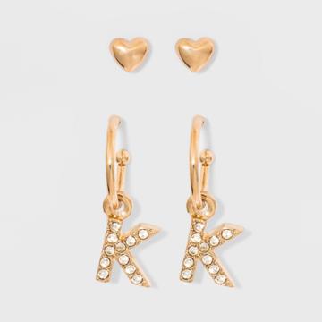 Sugarfix By Baublebar Initial K Delicate Stud Earring Set - Gold, Girl's, Gold - K