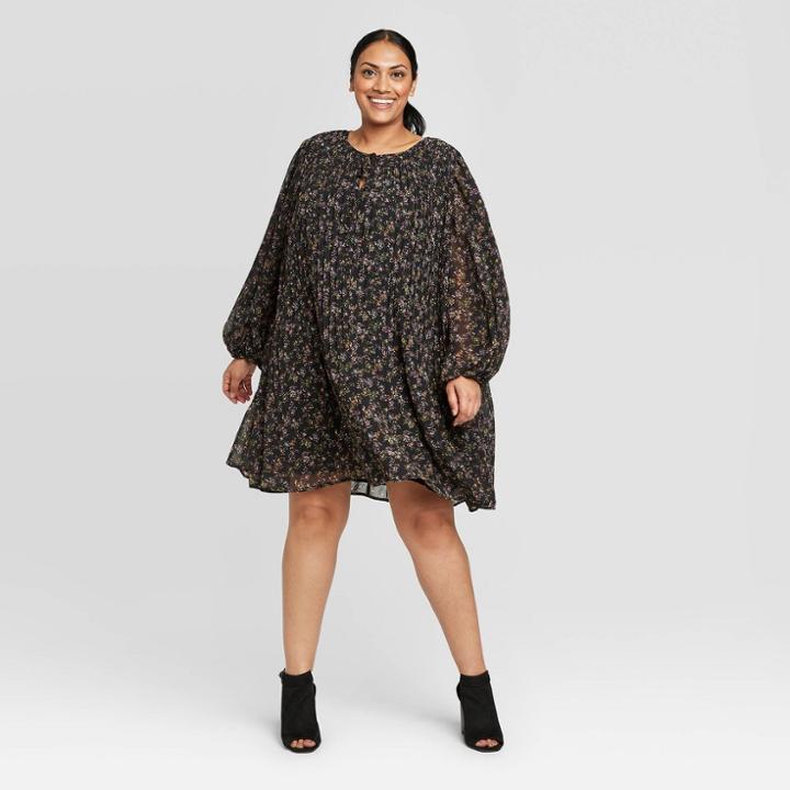 Women's Plus Size Floral Print Pleated Long Sleeve Crewneck Midi Dress - A New Day Black X, Women's,