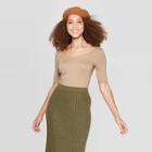 Women's Regular Fit Elbow Sleeve Scoop Neck T-shirt - A New Day Cream L, Size: