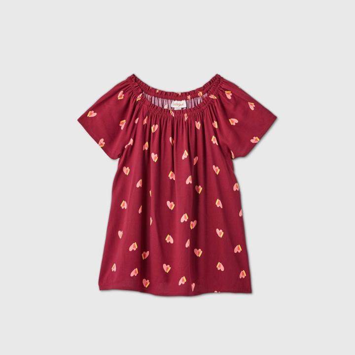 Girls' Short Sleeve Heart Print Woven Top - Cat & Jack Burgundy
