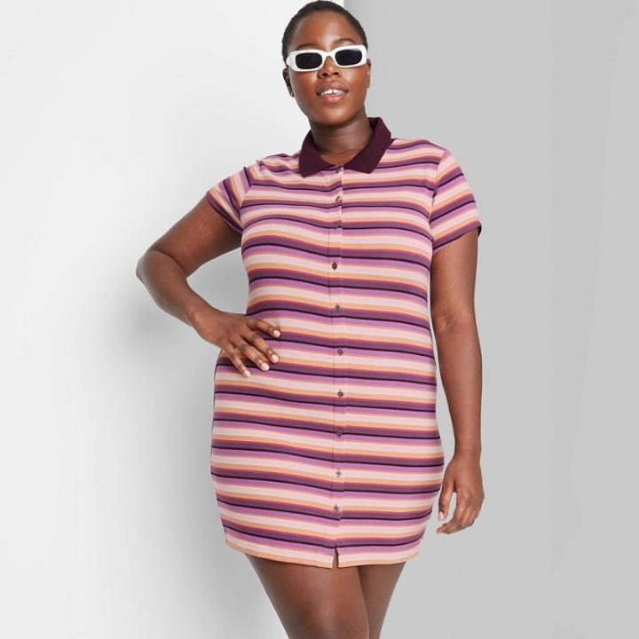 Women's Plus Size Short Sleeve Bodycon Polo Dress - Wild Fable Burgundy Striped 1x, Red