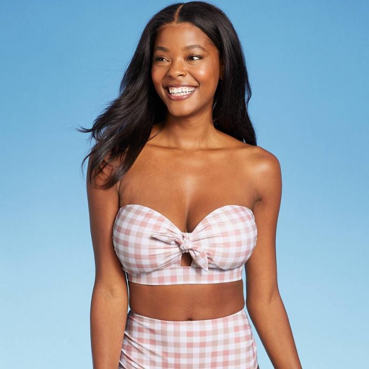Women's Checked Bandeau Tie-front Bikini Top - Kona Sol Blush D/dd Cup