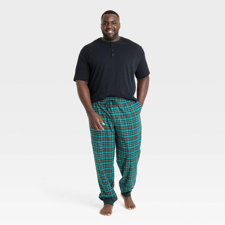 Men's Big & Tall Plaid Short Sleeve Henley + Flannel Jogger Pajama Set - Goodfellow & Co Black