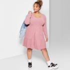 Women's Plus Size Round Neck Long Sleeve Brushed Knit Babydoll Mini Dress - Wild Fable Pink 2x, Women's,