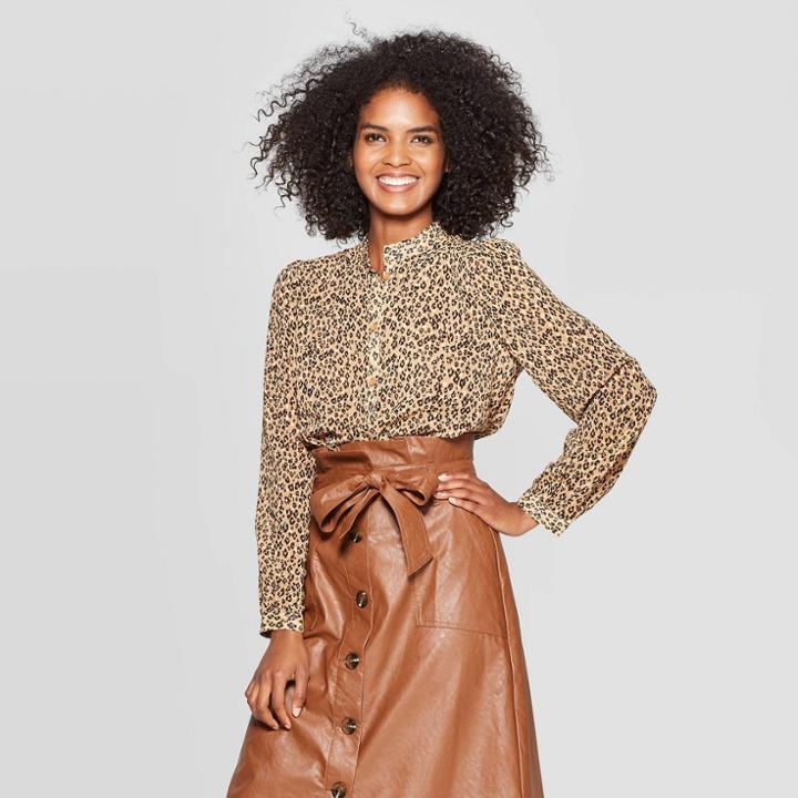 Women's Leopard Print Long Sleeve Banded Collared Blouse - Who What Wear Brown M, Women's, Size: