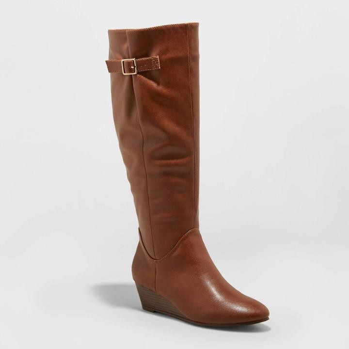Women's Blinda Faux Leather Wedge Riding Boots - A New Day Brown