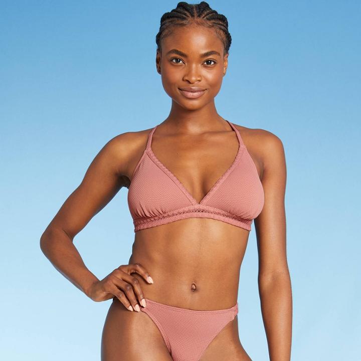 Juniors' Pique Crochet Trim Triangle Bikini Top - Xhilaration Mauve D/dd Cup, Pink