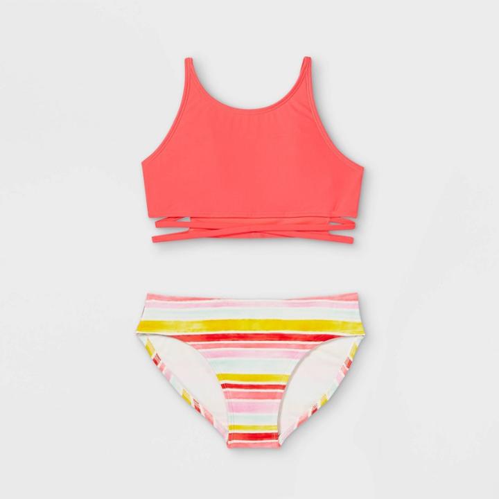 Girls' Striped Bikini Set - Art Class Coral