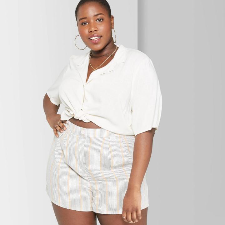 Women's Plus Size Striped High-rise Button-front Long Shorts - Wild Fable White