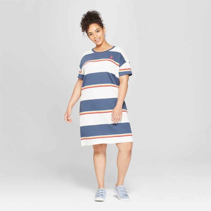 Junk Food Women's Plus Size Striped Atari Knit Graphic Dress - Blue