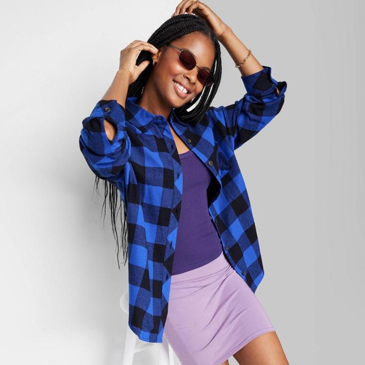 Women's Long Sleeve Hi-low Oversized Flannel Shirt - Wild Fable Blue Plaid