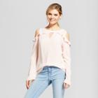 Women's Long Sleeve Cold Shoulder Blouse With Ruffle Trim - Como Black Blush