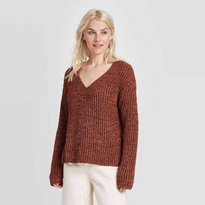 Women's V-neck Pullover Sweater - A New Day Brown