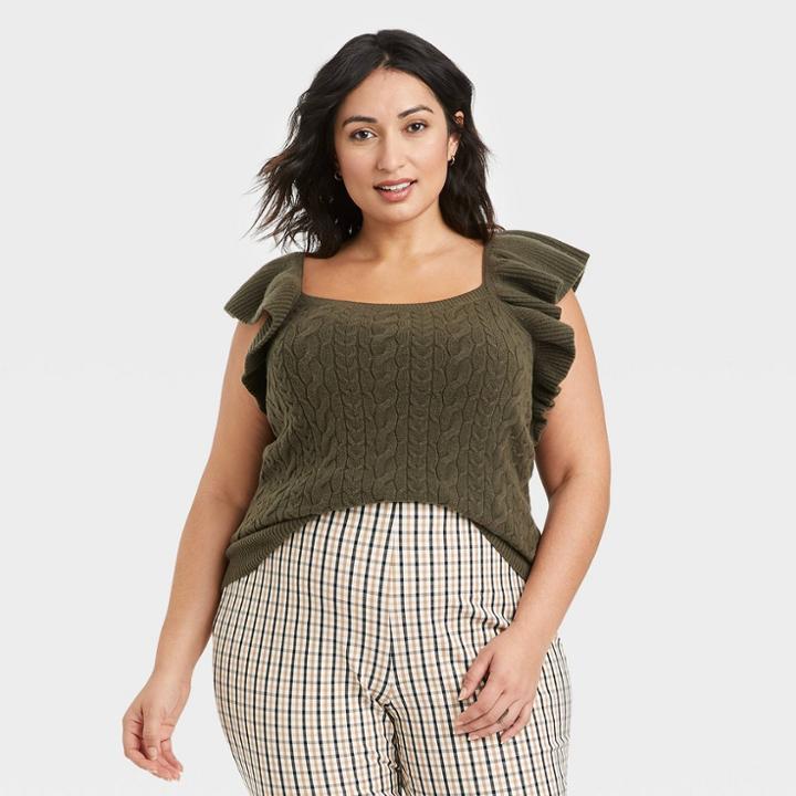 Women's Plus Size Square Neck Ruffle Sweater Vest - A New Day Olive