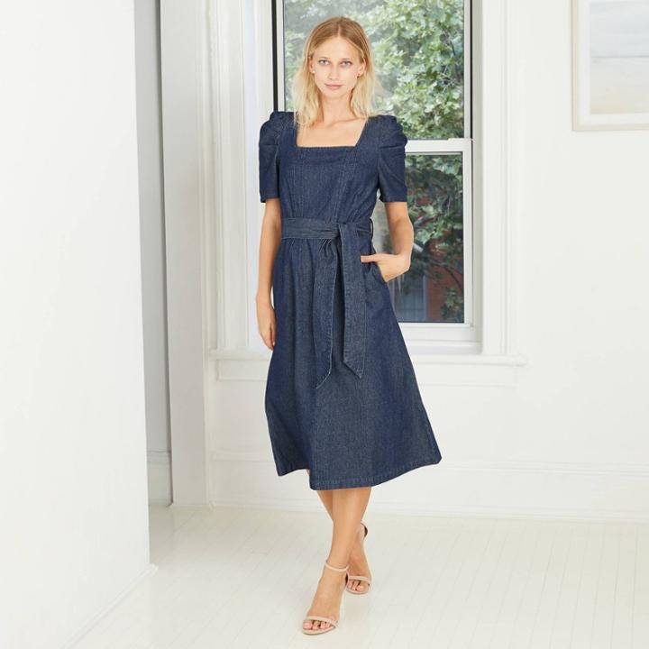 Women's Puff Short Sleeve Belted Denim Dress - Who What Wear Blue