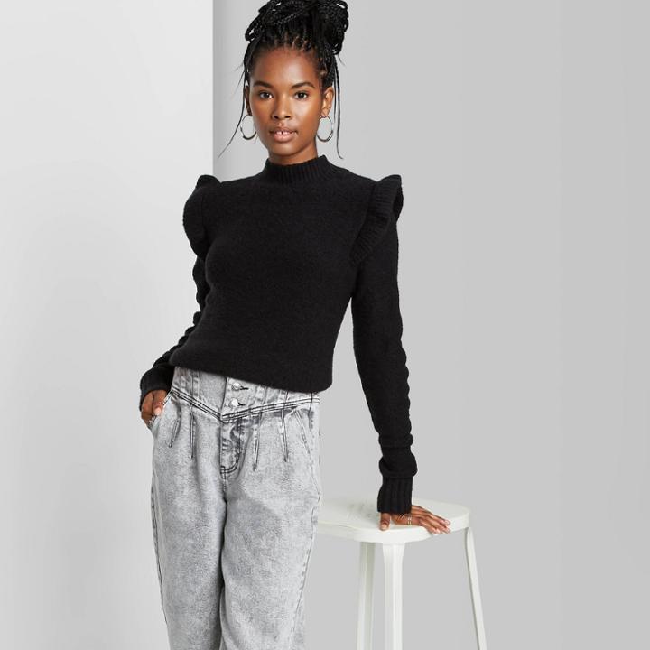 Women's Mock Turtleneck Ruffle Pullover Sweater - Wild Fable Black