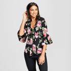 Women's 3/4 Sleeve Floral Tie Front Blouse - Alison Andrews Black