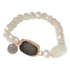Zirconmania Zirconite Semi-precious Roundel Beads Stretch Bracelet With Genuine Druzy Stone - Ivory, Women's