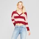 Women's Striped Long Sleeve Chenille Pullover Sweater - 3hearts (juniors') Burgundy/coral
