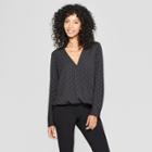 Women's Polka Dot Long Sleeve V-neck Blouse - A New Day Black