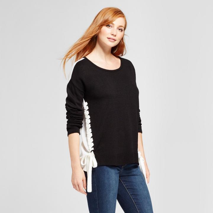 Women's Side Lace-up Colorblocked Sweater - Alison Andrews Black/white L,