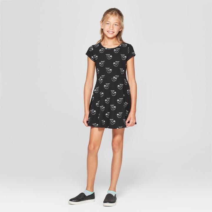 Girls' Short Sleeve Sloth Print Knit Dress - Cat & Jack Black