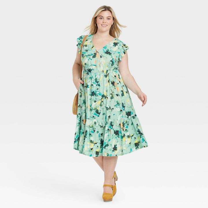Women's Plus Size Printed Flutter Sleeve Tiered Dress - Ava & Viv