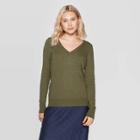 Women's Long Sleeve Ribbed Cuff V-neck Pullover Sweater - A New Day Olive (green)