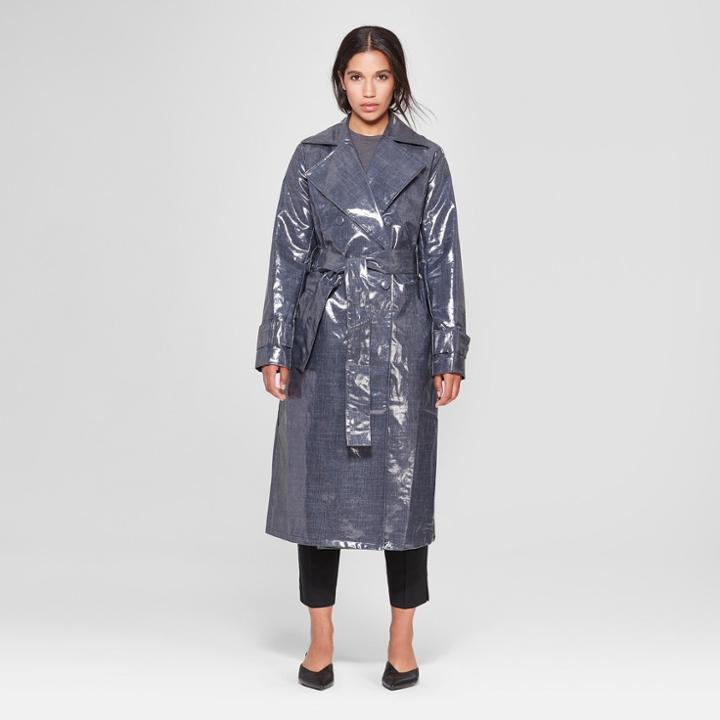 Women's Long Sleeve Coated Denim Collared Trench Coat - Prologue Indigo