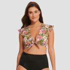 Women's Slimming Control Cropped Tie Front Ruffle Bikini Top - Beach Betty By Miracle Brands Pink Tropical