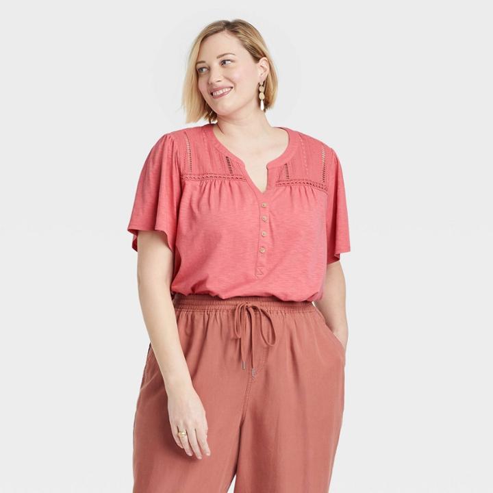 Women's Plus Size Short Sleeve V-neck Eyelet Henley Shirt - Knox Rose Coral Red