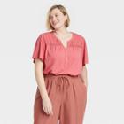 Women's Plus Size Short Sleeve V-neck Eyelet Henley Shirt - Knox Rose Coral Red