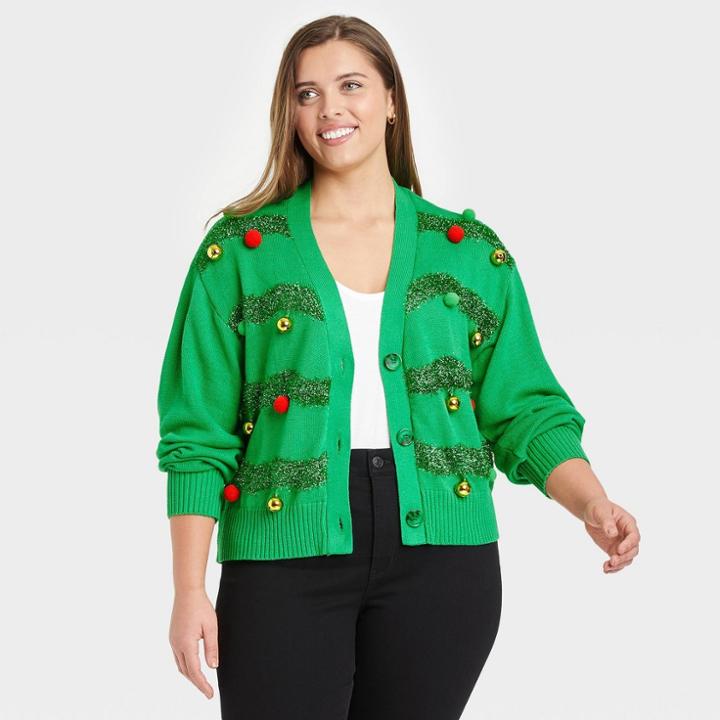 Iml Women's Plus Size Ugly Christmas Graphic Cardigan - Green