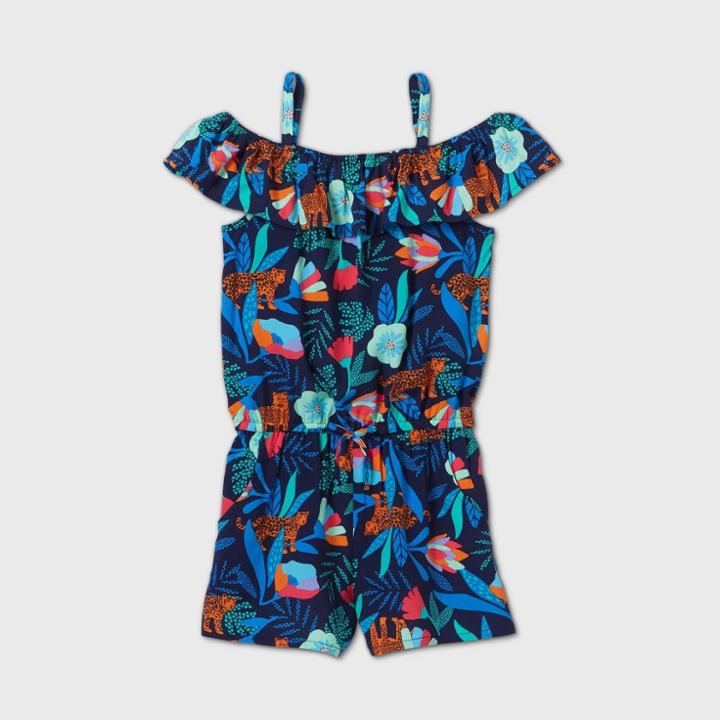 Girls' Floral Print Woven Romper - Cat & Jack Navy M, Girl's, Size: