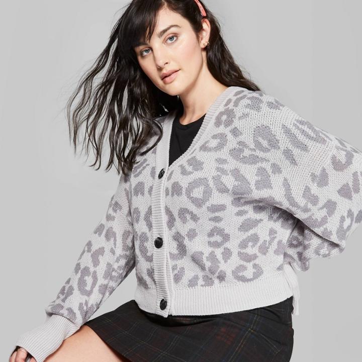 Women's Plus Size Leopard Print Long Sleeve V-neck Cropped Button-up Cardigan - Wild Fable Gray 4x, Women's,