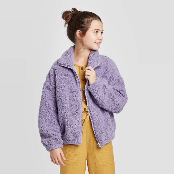 Girls' Front-zip Fuzzy Jacket - Art Class Purple S, Girl's,