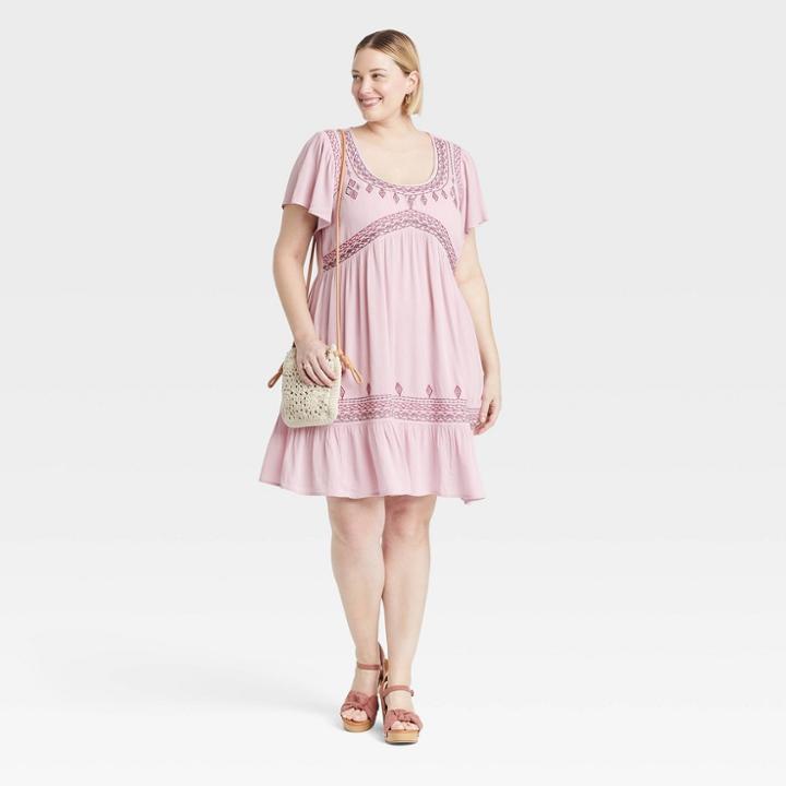 Women's Plus Size Flutter Short Sleeve Embroidered A-line Dress - Knox Rose Lilac Purple