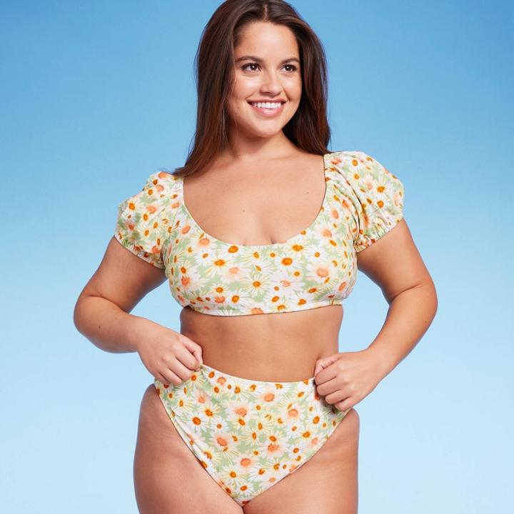 Women's Puff Sleeve Bikini Top - Wild Fable Green Daisy Print