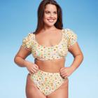 Women's Puff Sleeve Bikini Top - Wild Fable Green Daisy Print