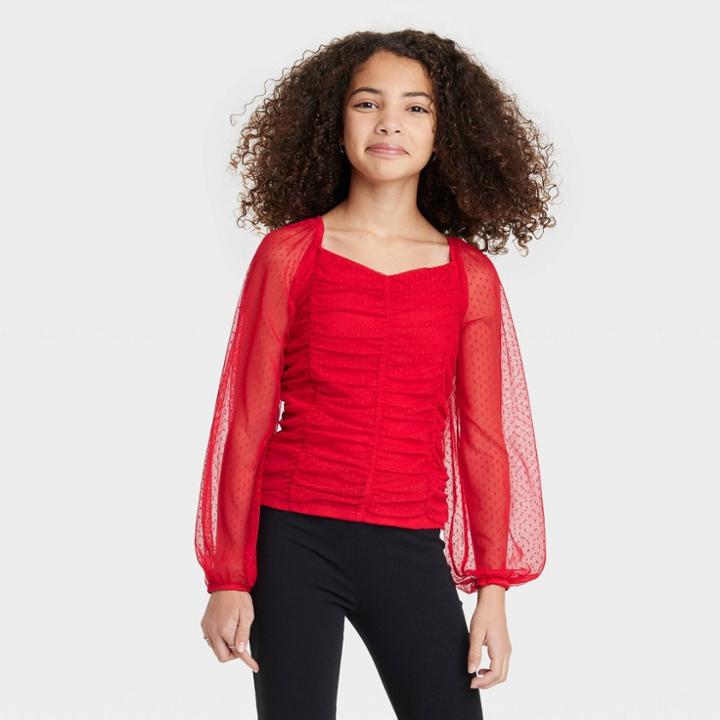 Girls' Ruched Mesh Long Sleeve Top - Art Class Red