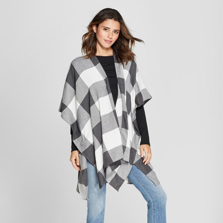 Women's Plaid Cocoon Poncho Sweater - Universal Thread Black