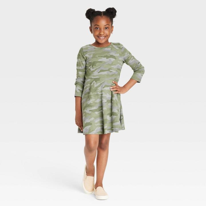 Girls' Printed Long Sleeve 100% Cotton Dress - Cat & Jack Camo Green