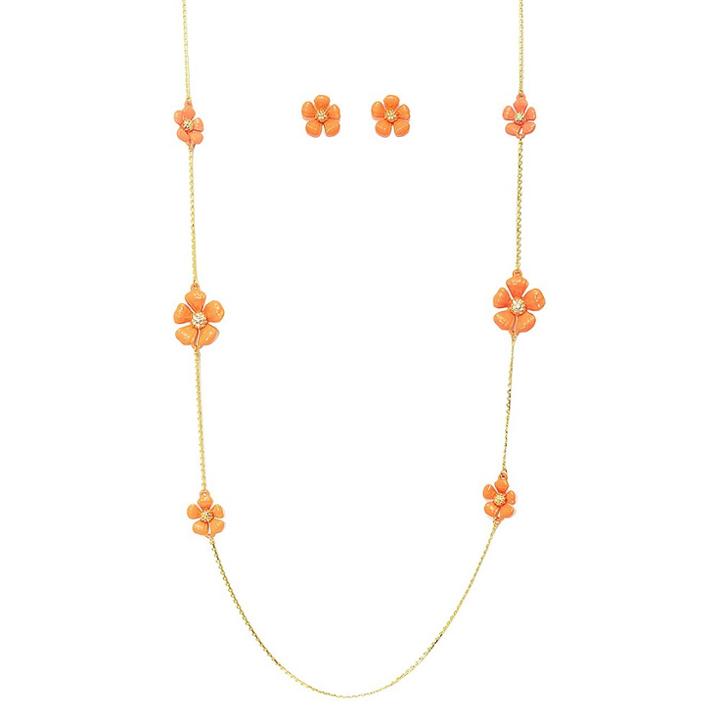 Zirconmania Women's Zirconite Daisy Flowers And Crystals Enamel And Gold Electroplated Station Necklace And Earrings Set - Pink Coral