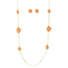 Zirconmania Women's Zirconite Daisy Flowers And Crystals Enamel And Gold Electroplated Station Necklace And Earrings Set - Pink Coral