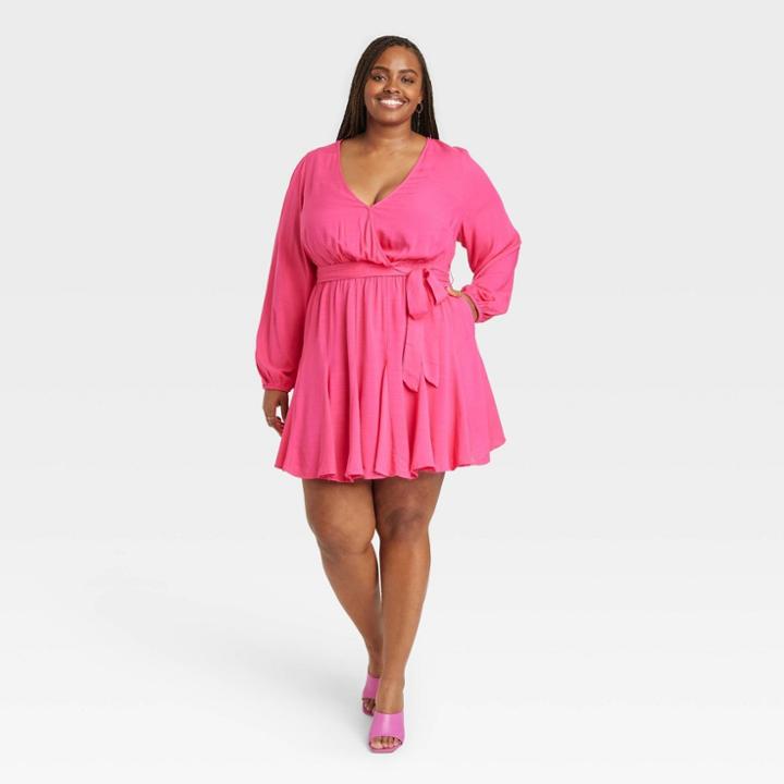 Women's Plus Size Balloon Long Sleeve Woven Dress - Ava & Viv Pink