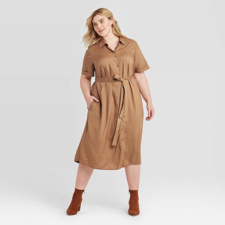 Women's Plus Size Short Sleeve Collared Neck Shirtdress - Ava & Viv Tan X, Women's, Brown