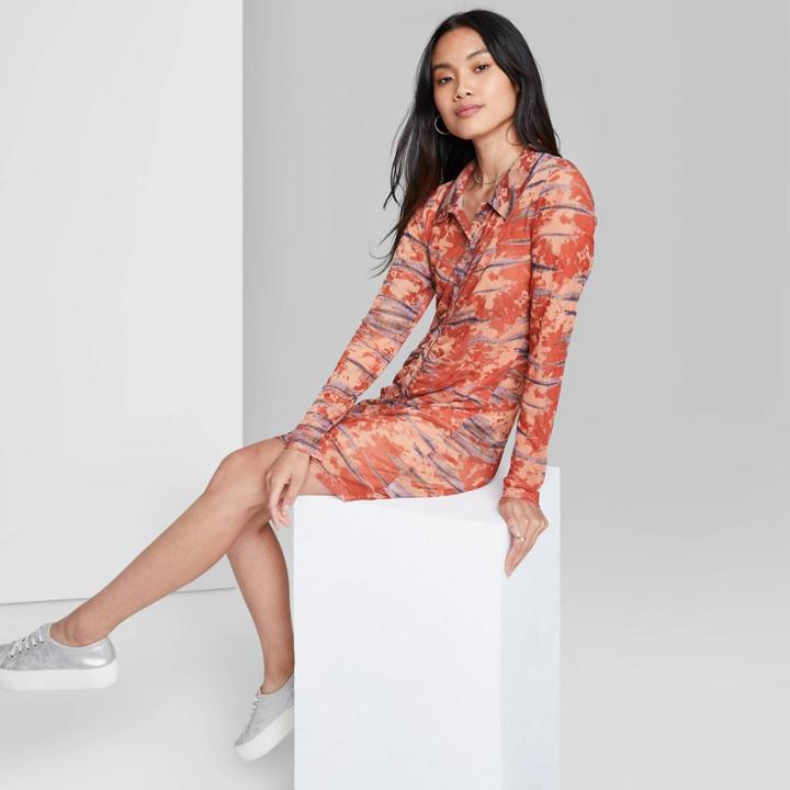 Women's Long Sleeve Button-front Mesh Dress - Wild Fable Orange Tie-dye